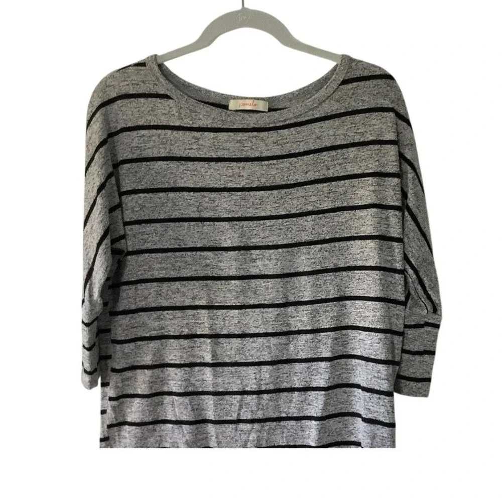 Pomelo‎ Womens Gray Black Striped 3/4 Dolman Sleeve Boat Neck Knit Top Sweater